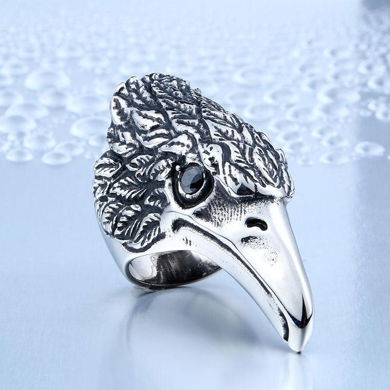 Men's Vintage Eagle Head Titanium Steel Ring with Thai Silver Style and Gemstone