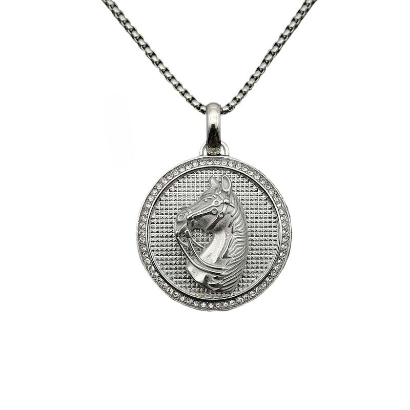 Planderful Hip Hop Necklace Unisex Gold Plated Titanium Steel Zircon Disc Horse Head Pendant