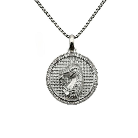 Planderful Hip Hop Necklace Unisex Gold Plated Titanium Steel Zircon Disc Horse Head Pendant