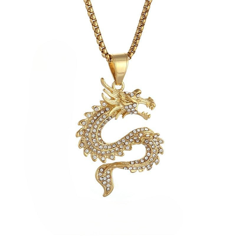 Dragon Zodiac Pendant Necklace Titanium Steel Gold Plated Zircon by Planderful Everyday Genie for Hip Hop Fans