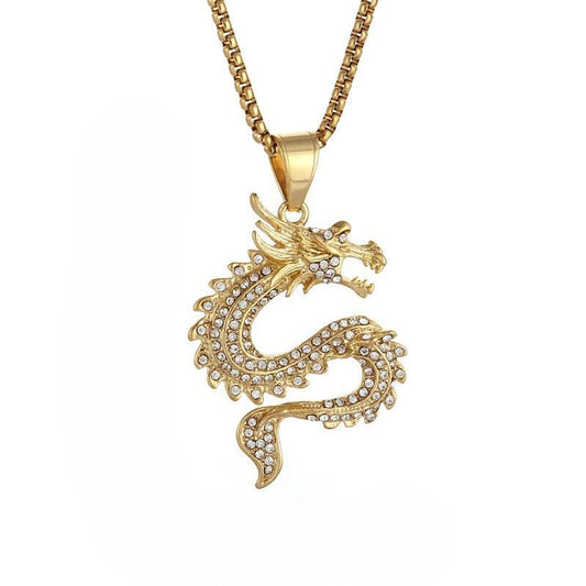 Dragon Zodiac Pendant Necklace Titanium Steel Gold Plated Zircon by Planderful Everyday Genie for Hip Hop Fans