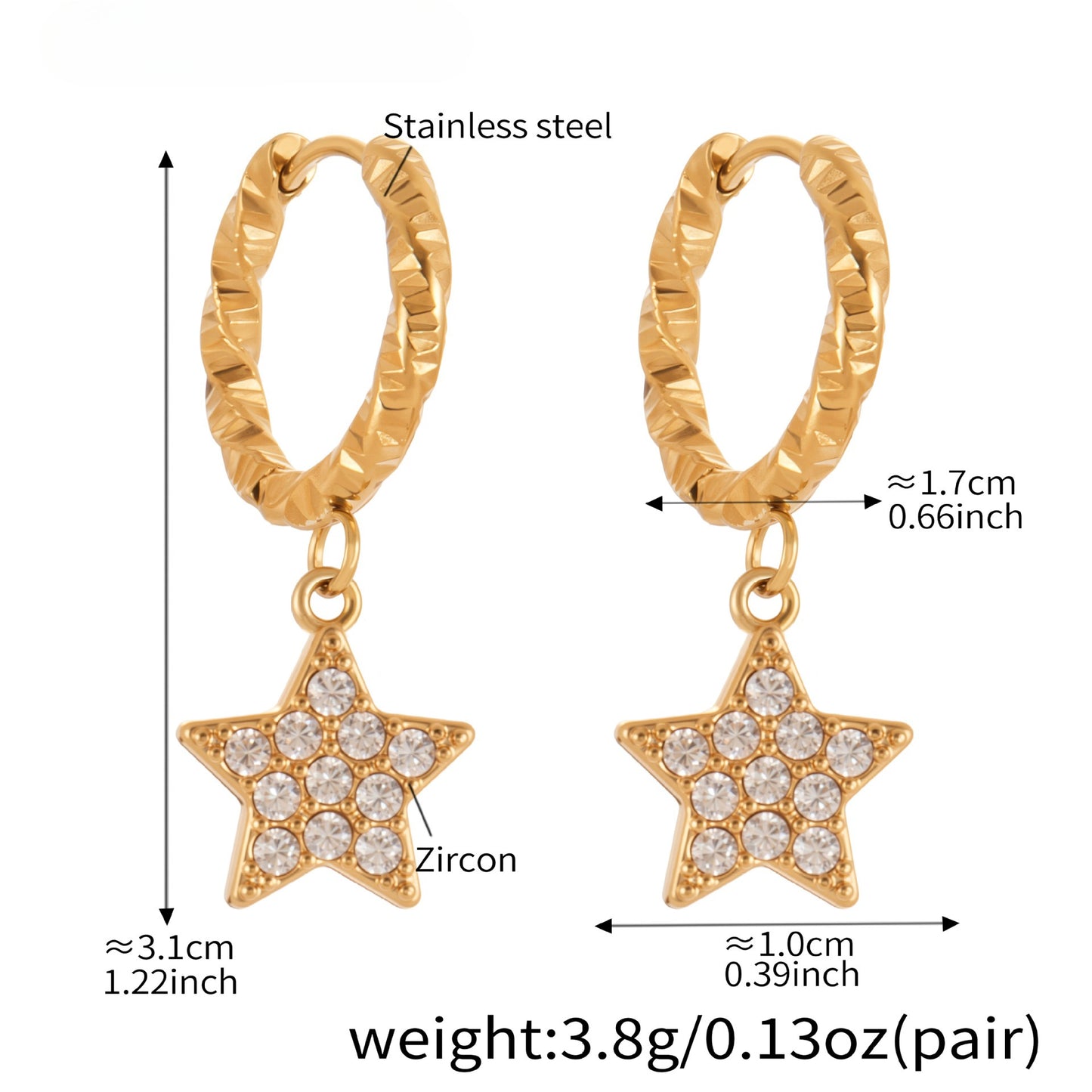 Planderful Zirconium Pentagram Earrings 18K Goldplated Bold