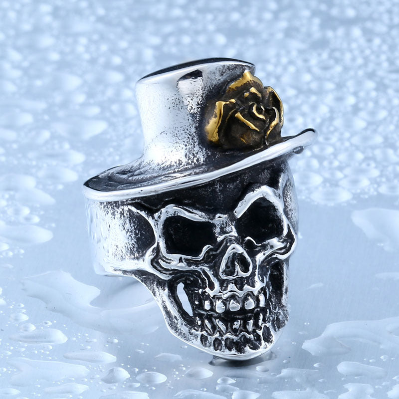 Elegant Magician Rose Skull Stainless Steel Ring for the Daring Man