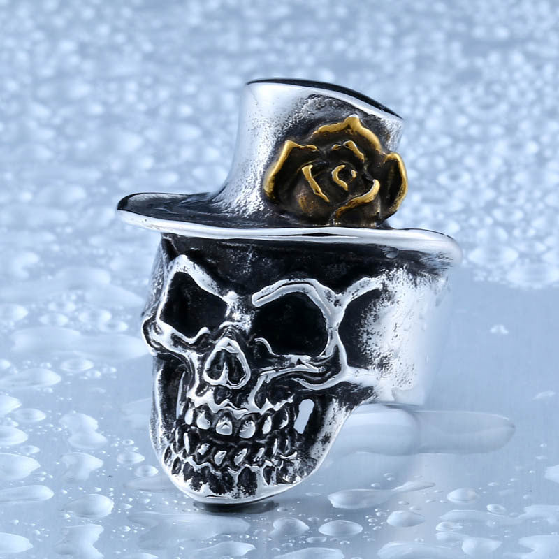 Elegant Magician Rose Skull Stainless Steel Ring for the Daring Man