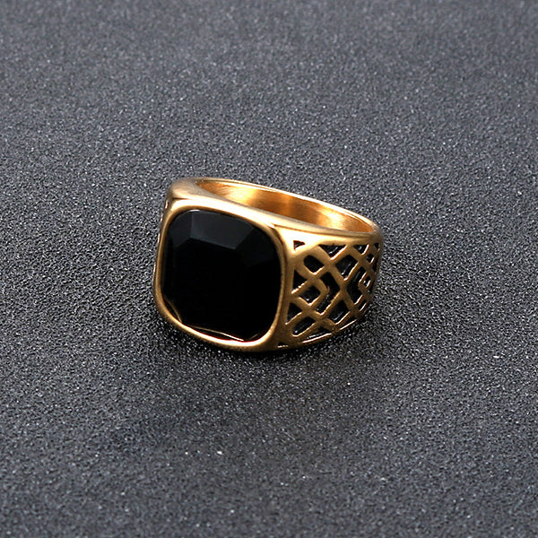 Titanium Steel Black Stone Ring for Men - Retro Dominance in European and American Style