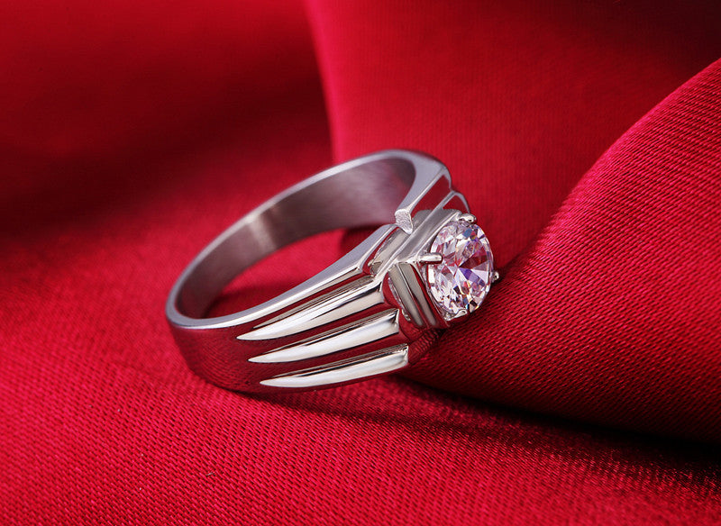 Stylish Men's Titanium Steel Wedding Ring with Zircon Gem