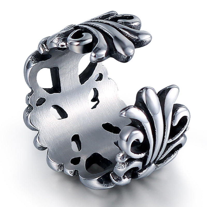 Stylish Korean Titanium Steel Croix Cross Ring - Personalized Retro Flower Design for Couples