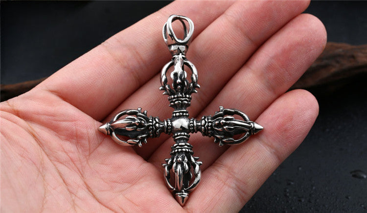 Retro-Inspired Titanium Steel Cross Pendant for Men - Unique Stainless Steel Pestle Design