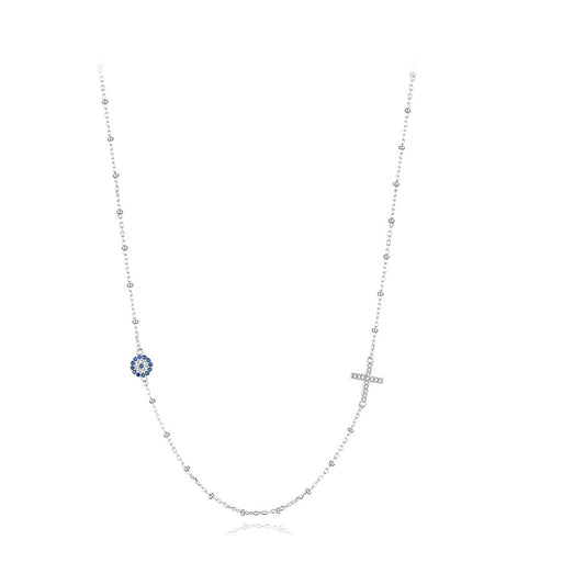 Chic Sterling Silver Blue Eye Necklace with Cross and Beaded Collarbone Chain