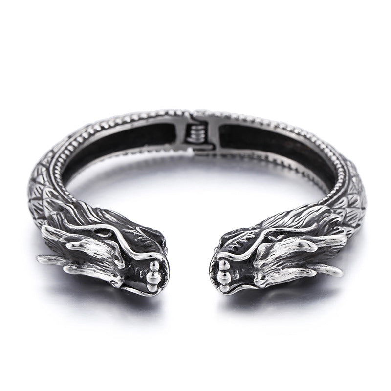 Stainless Steel Dragon Head Open Bracelet – Punk Men's