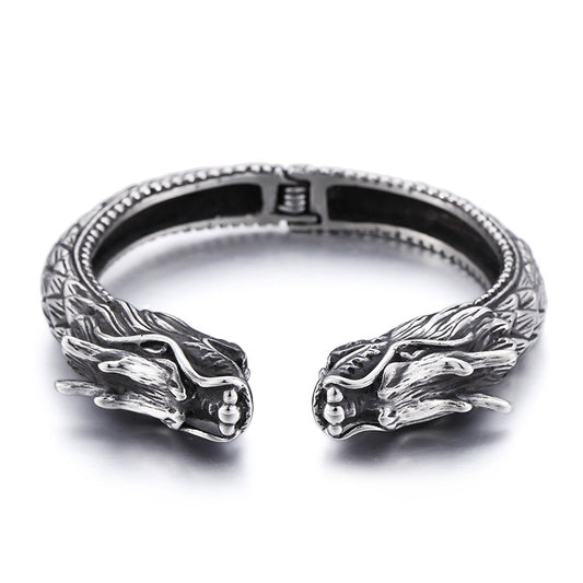 Stainless Steel Dragon Head Open Bracelet – Punk Men's