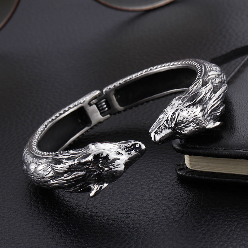 Stainless Steel Dragon Head Open Bracelet – Punk Men's