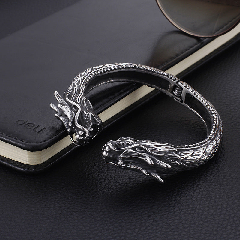 Stainless Steel Dragon Head Open Bracelet – Punk Men's