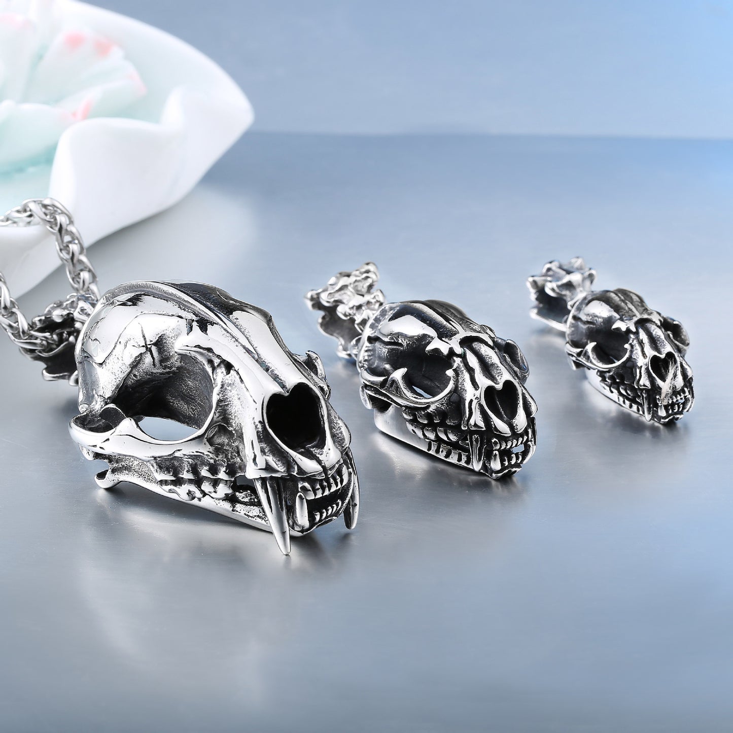 Titanium Steel Saber-Toothed Tiger Skull Pendant with Movable Teeth for Men