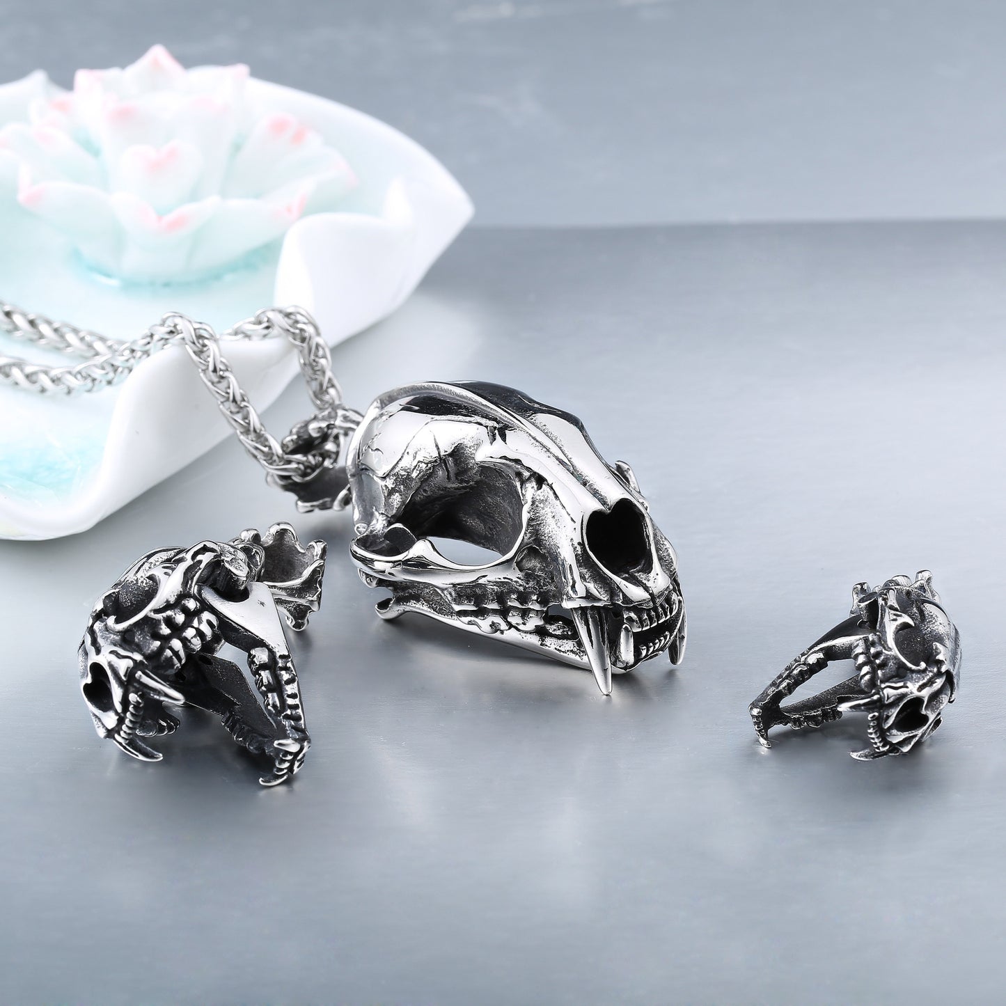 Titanium Steel Saber-Toothed Tiger Skull Pendant with Movable Teeth for Men