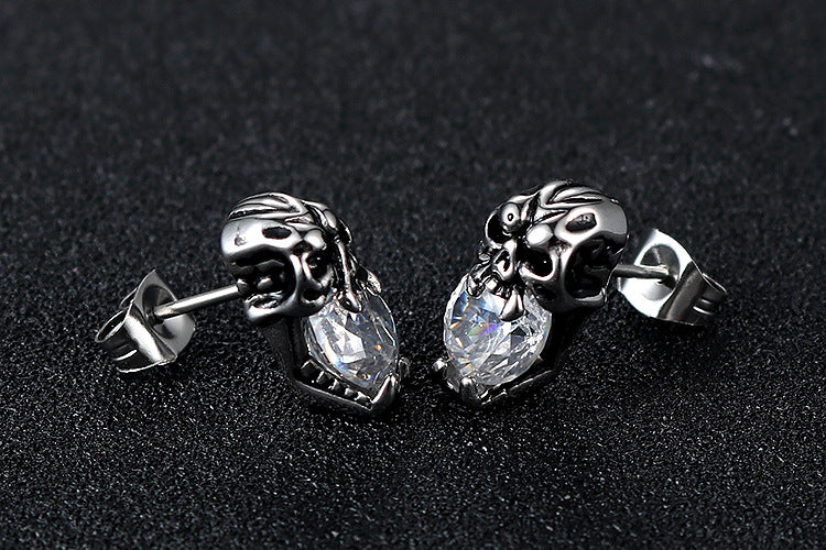 Punk-Inspired Zircon Skull Titanium Steel Stud Earrings for Men