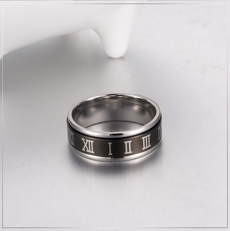 Planderful Mens Titanium Steel Ring With Rotating Roman Numerals Blue High End Index Finger Ring