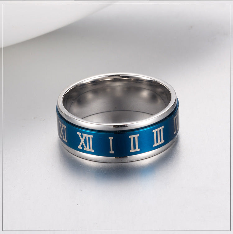 Planderful Mens Titanium Steel Ring With Rotating Roman Numerals Blue High End Index Finger Ring