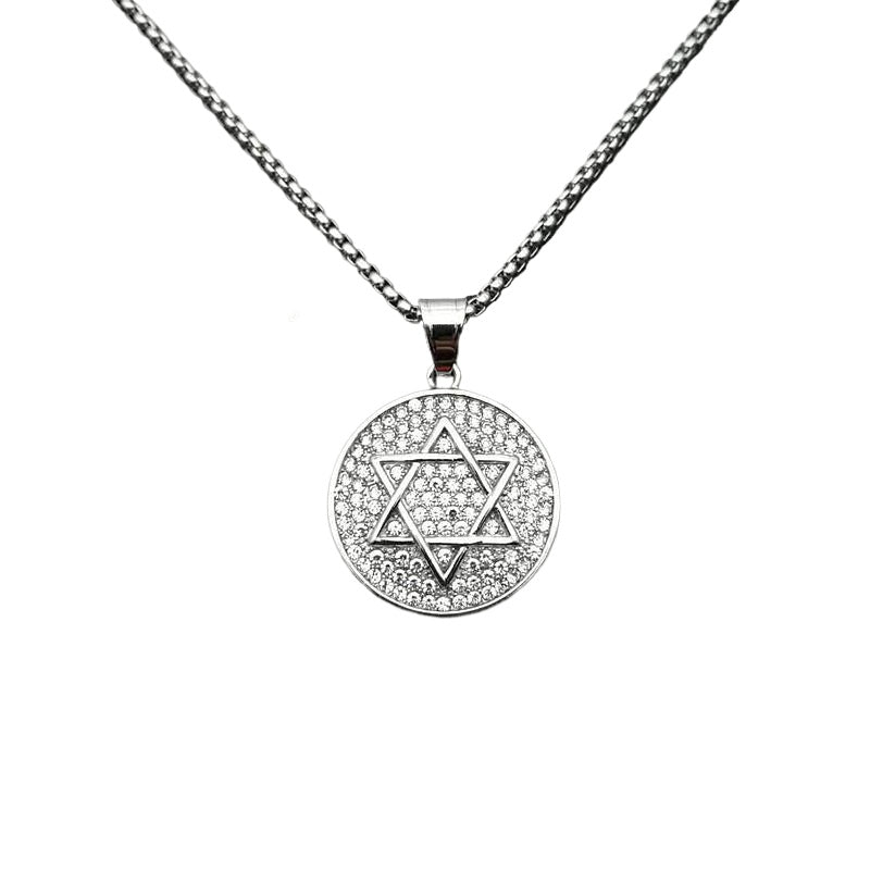 Stainless Steel Hexagram Star Of David Pendant Necklace With Full Zircon By Planderful For Hip Hop Style Fans