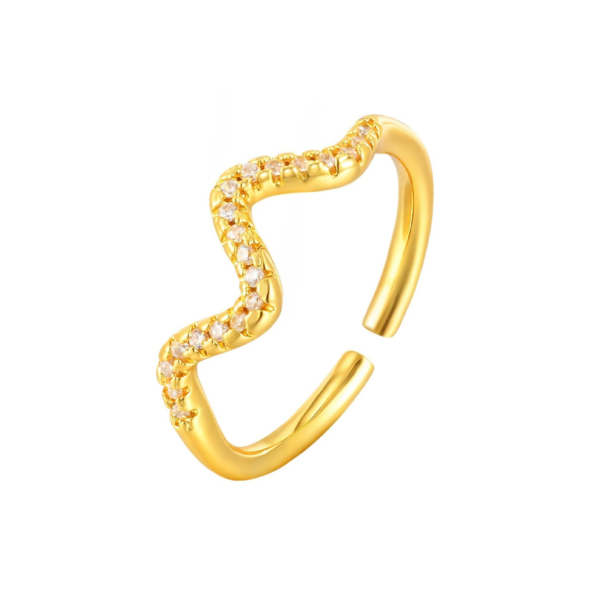 Copper Light Wind Inlaid Wave Ring Zircon Geometric Opening Ring Gold
