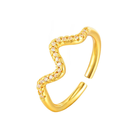 Copper Light Wind Inlaid Wave Ring Zircon Geometric Opening Ring Gold