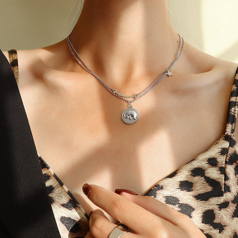 Mood-Boosting Titanium Elephant Pendant Necklace with Double Layered Chain
