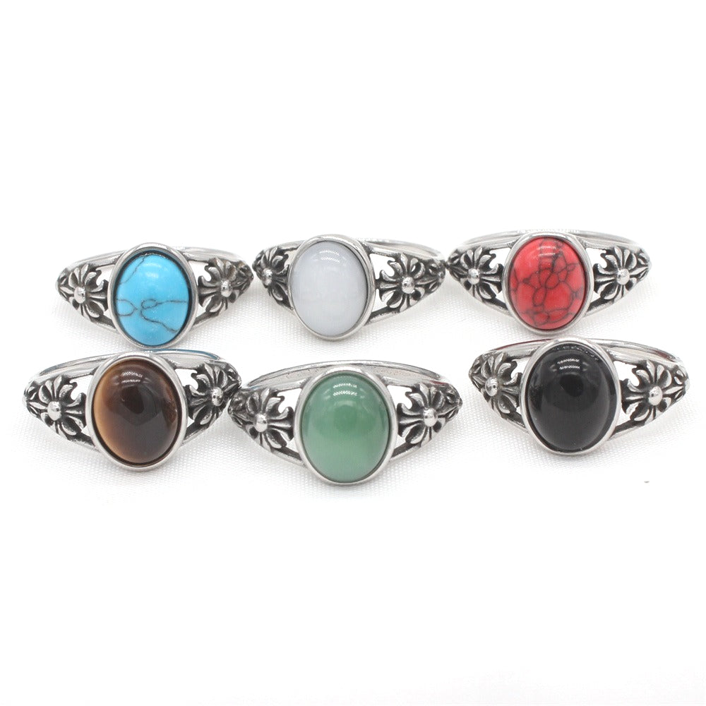 Planderful Titanium Steel Ring For Men Unisex Retro Cross Flower Oval Stone Durable