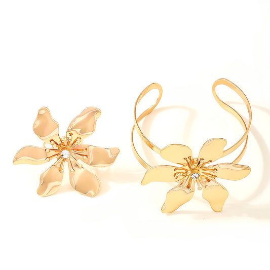 Trendy Metal Diamond Flower Leaf Jewelry Set for Women