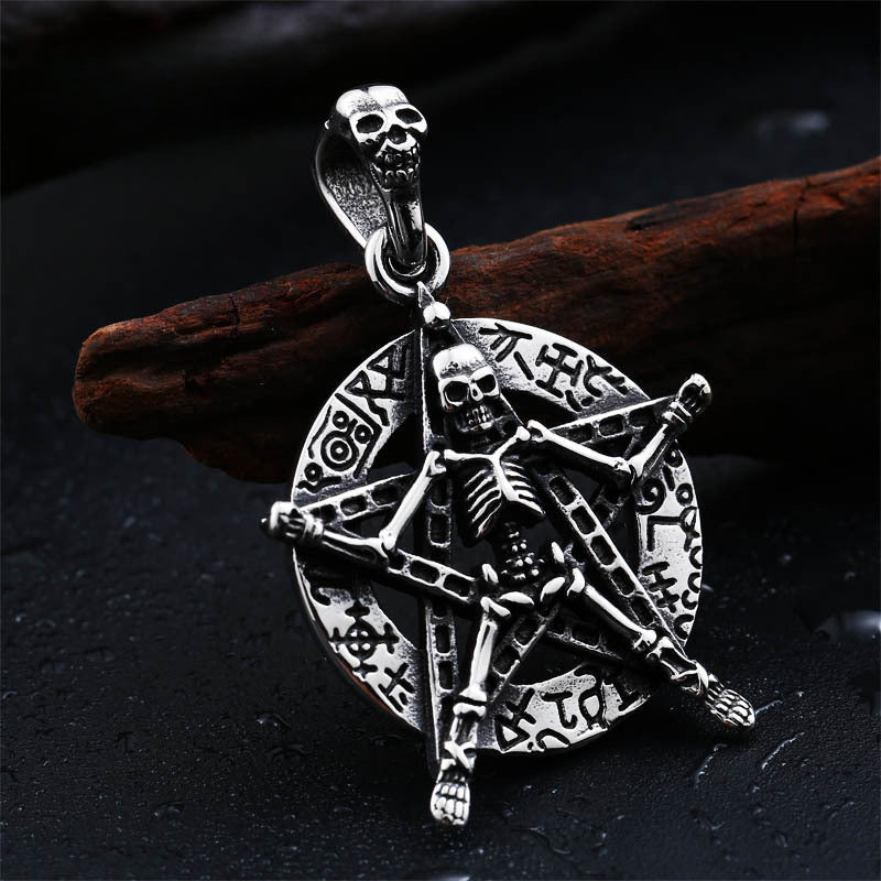 Punk-Inspired Titanium Steel Skull Pendant with Pentagram for Men
