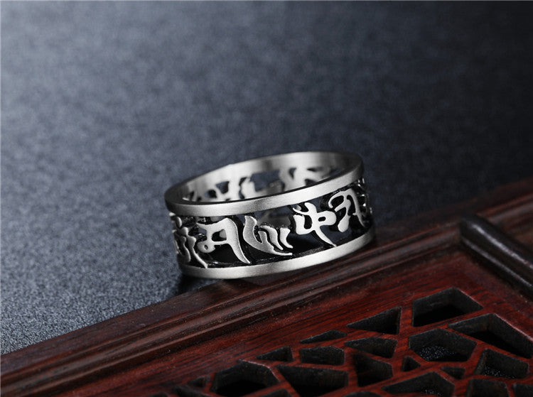 Men's Hollow Six Character True Words Titanium Steel Ring