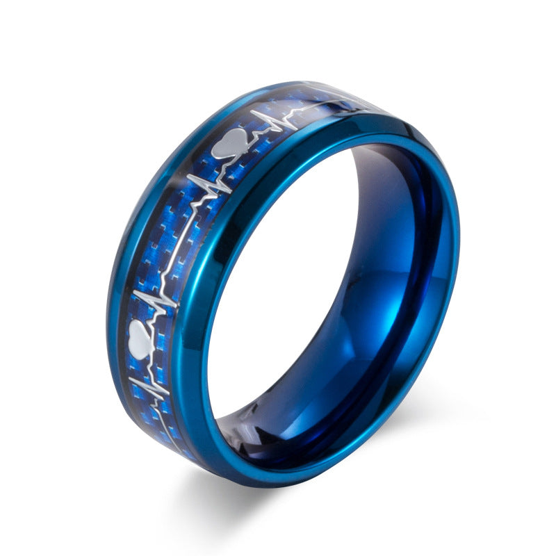 Stainless Steel Electrocardiogram Carbon Fiber Ring – Heartbeat Men's – Men's