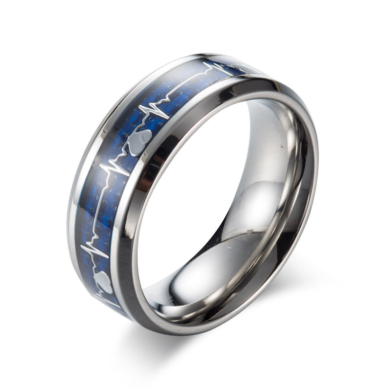 Stainless Steel Electrocardiogram Carbon Fiber Ring – Heartbeat Men's – Men's
