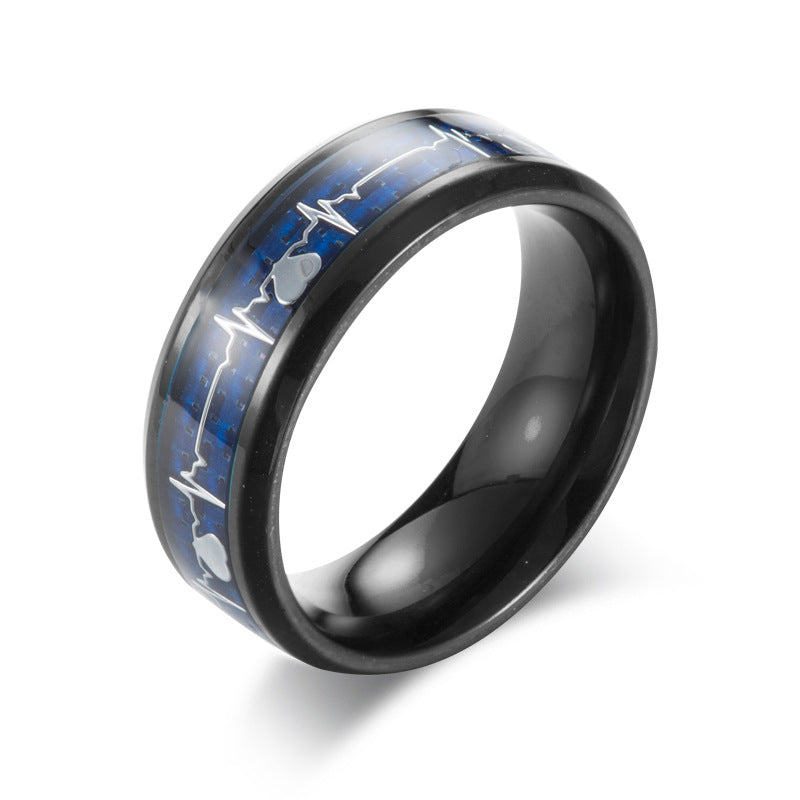Stainless Steel Electrocardiogram Carbon Fiber Ring – Heartbeat Men's – Men's
