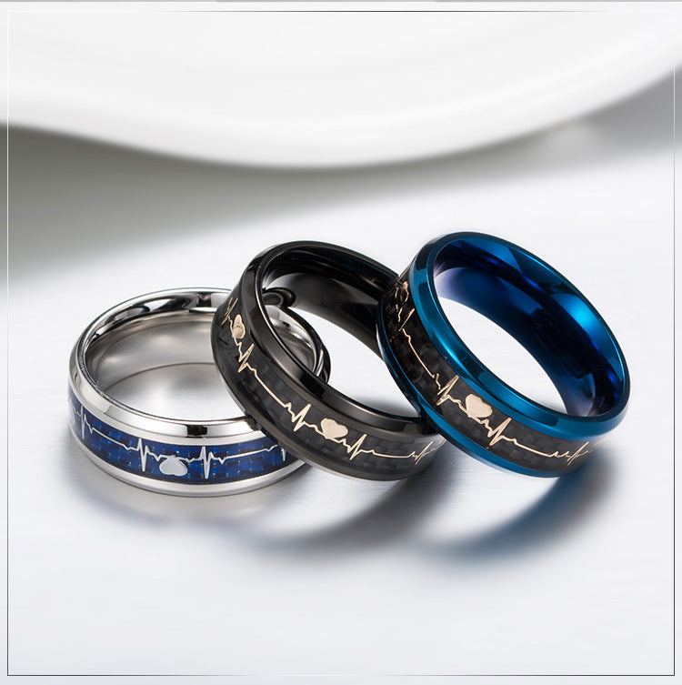 Stainless Steel Electrocardiogram Carbon Fiber Ring – Heartbeat Men's – Men's