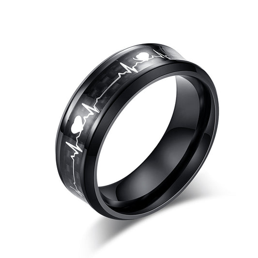 Stainless Steel Electrocardiogram Carbon Fiber Ring – Heartbeat Men's – Men's