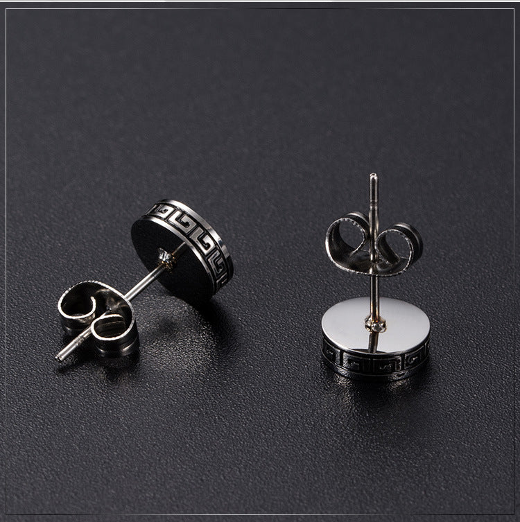 Guochao's New Titanium Steel Great Wall Pattern Earrings for Men