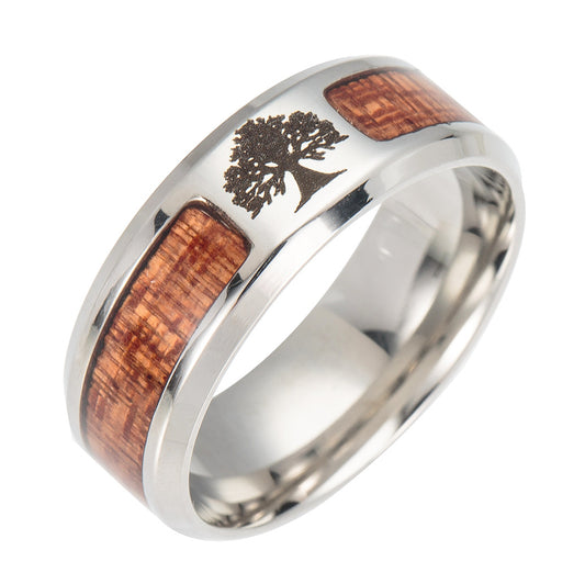 Stainless Steel Acacia Wood Grain Tree of Life Ring - Men's Fashion Jewelry