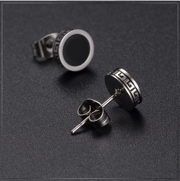 Guochao's New Titanium Steel Great Wall Pattern Earrings for Men