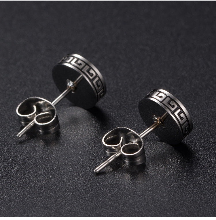 Guochao's New Titanium Steel Great Wall Pattern Earrings for Men