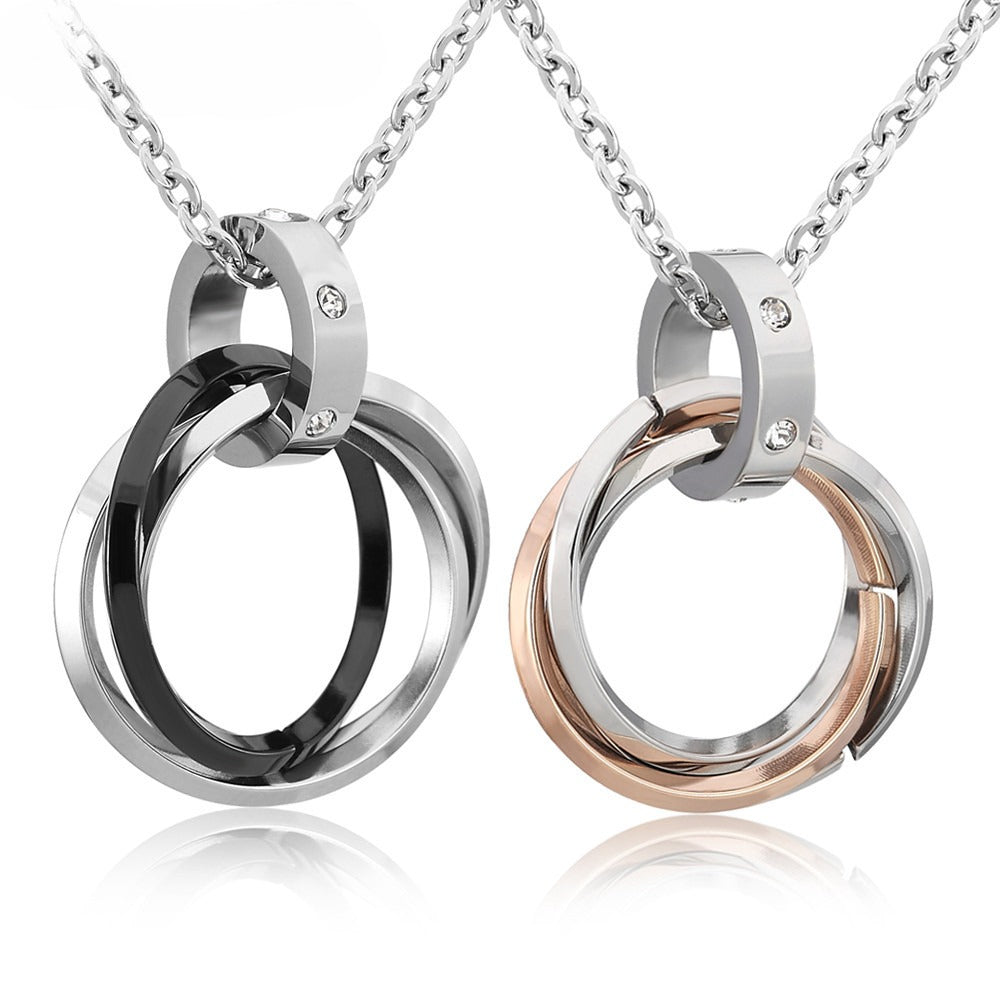 Planderful Three Ring Titanium Steel Couple Necklace Unisex Pendant Protection Statement