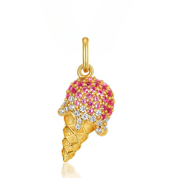 Red and White Zircon Ice Cream Cone Sterling Silver Pendant