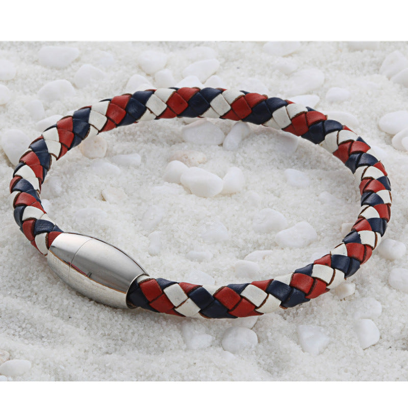 Planderful Leather Rope Bracelet Unisex Cross Pattern With Magnetic Inverted Stainless Steel Buckle Retro Statement