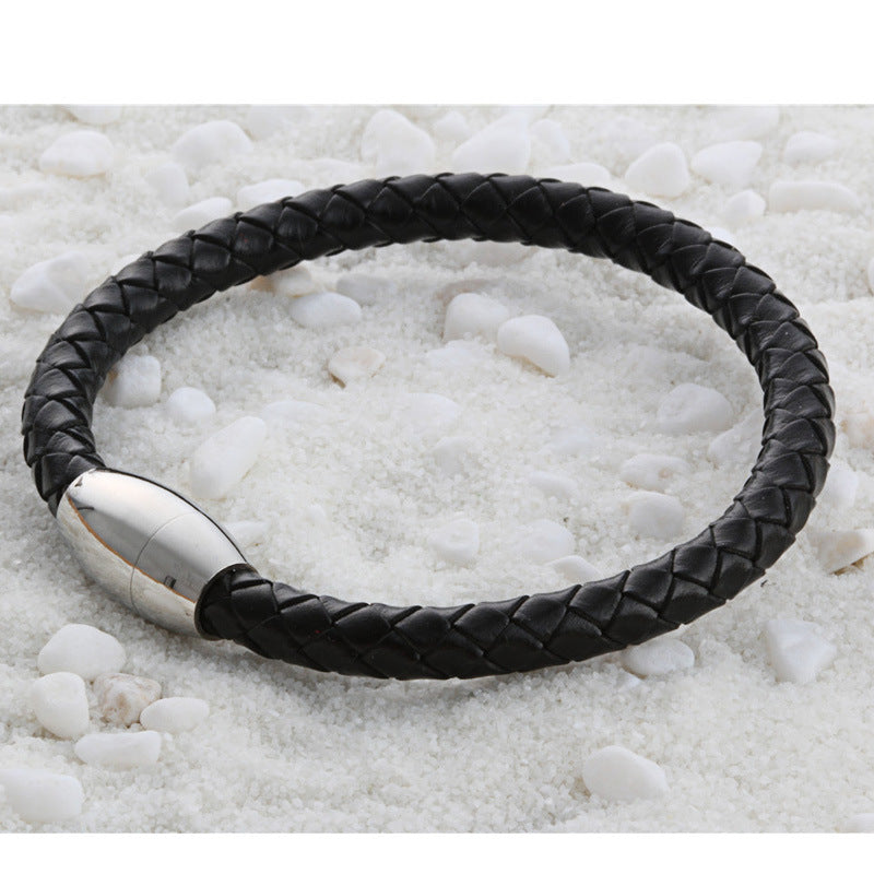 Planderful Leather Rope Bracelet Unisex Cross Pattern With Magnetic Inverted Stainless Steel Buckle Retro Statement