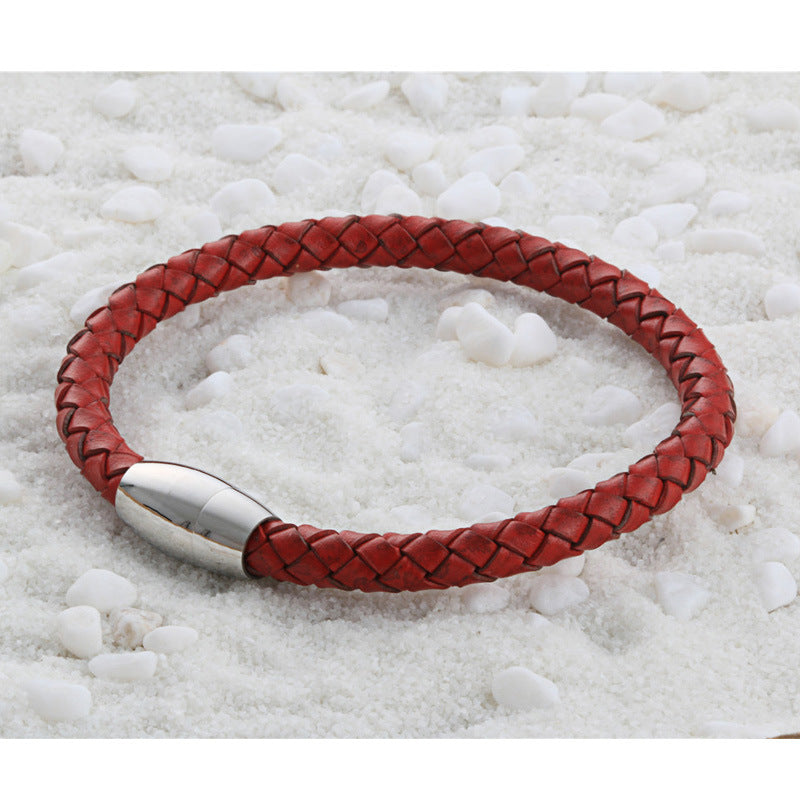 Planderful Leather Rope Bracelet Unisex Cross Pattern With Magnetic Inverted Stainless Steel Buckle Retro Statement