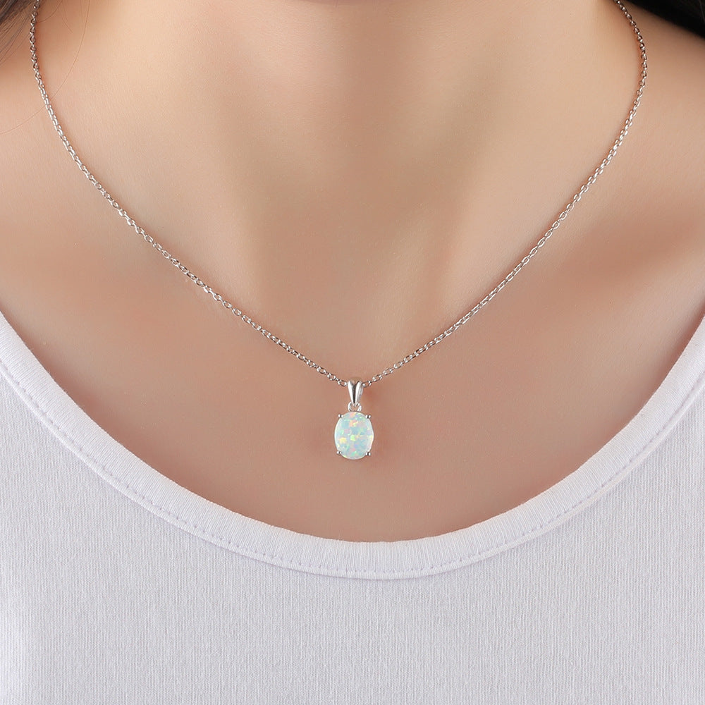Oval Opal Pendant Sterling Silver Necklace