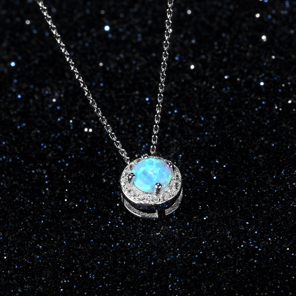 Round Blue Opal Zircon Soleste Halo Sterling Silver Necklace
