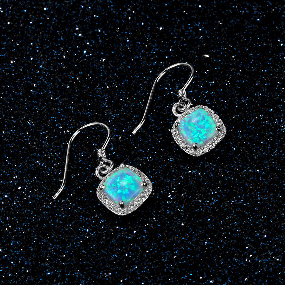 Cushion Cut Blue Opal Pendant Zircon Soleste Halo Sterling Silver Hook Earrings