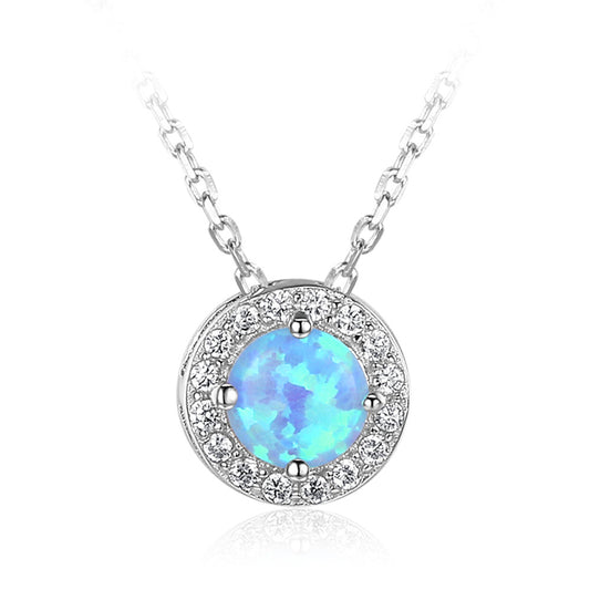 Round Blue Opal Zircon Soleste Halo Sterling Silver Necklace