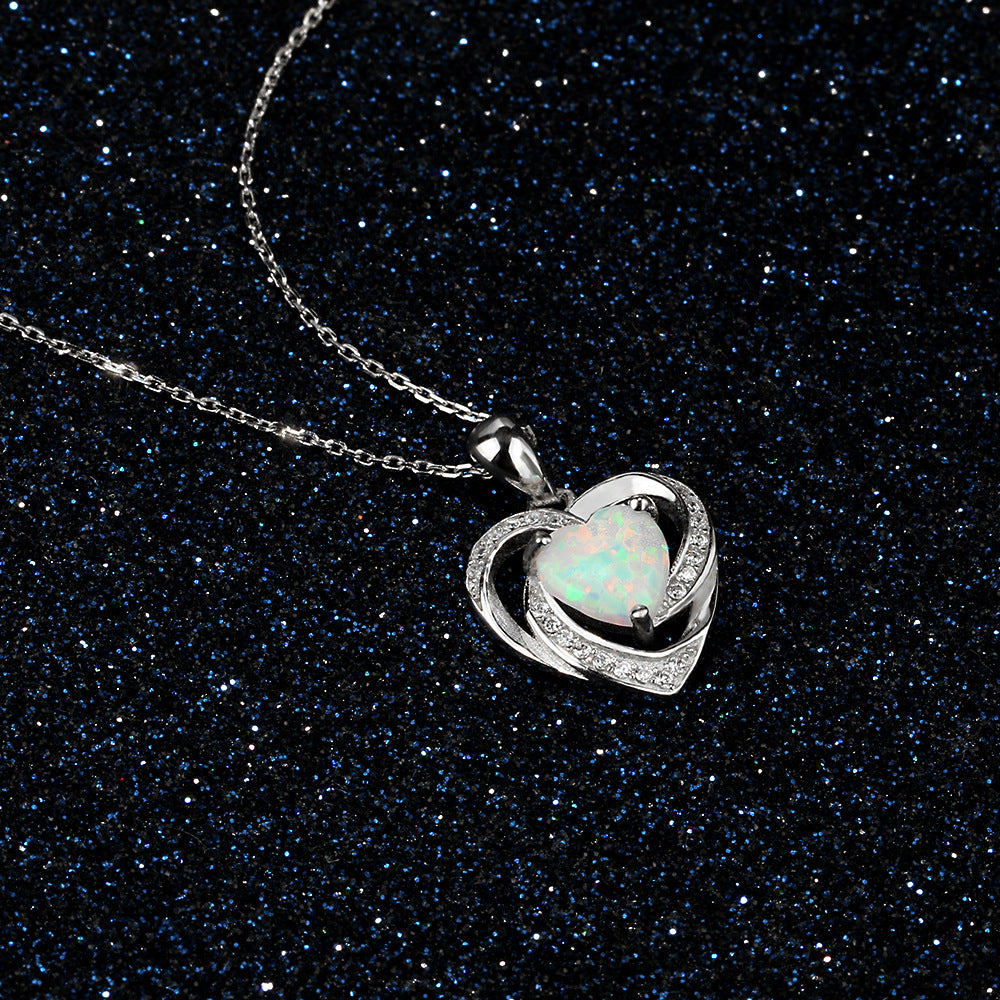 Heart Shape Opal Spiral Heart Zircon Sterling Silver Necklace