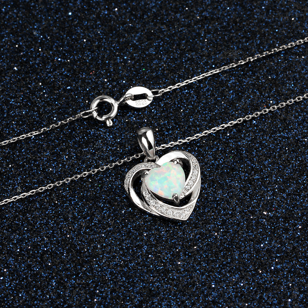 Heart Shape Opal Spiral Heart Zircon Sterling Silver Necklace